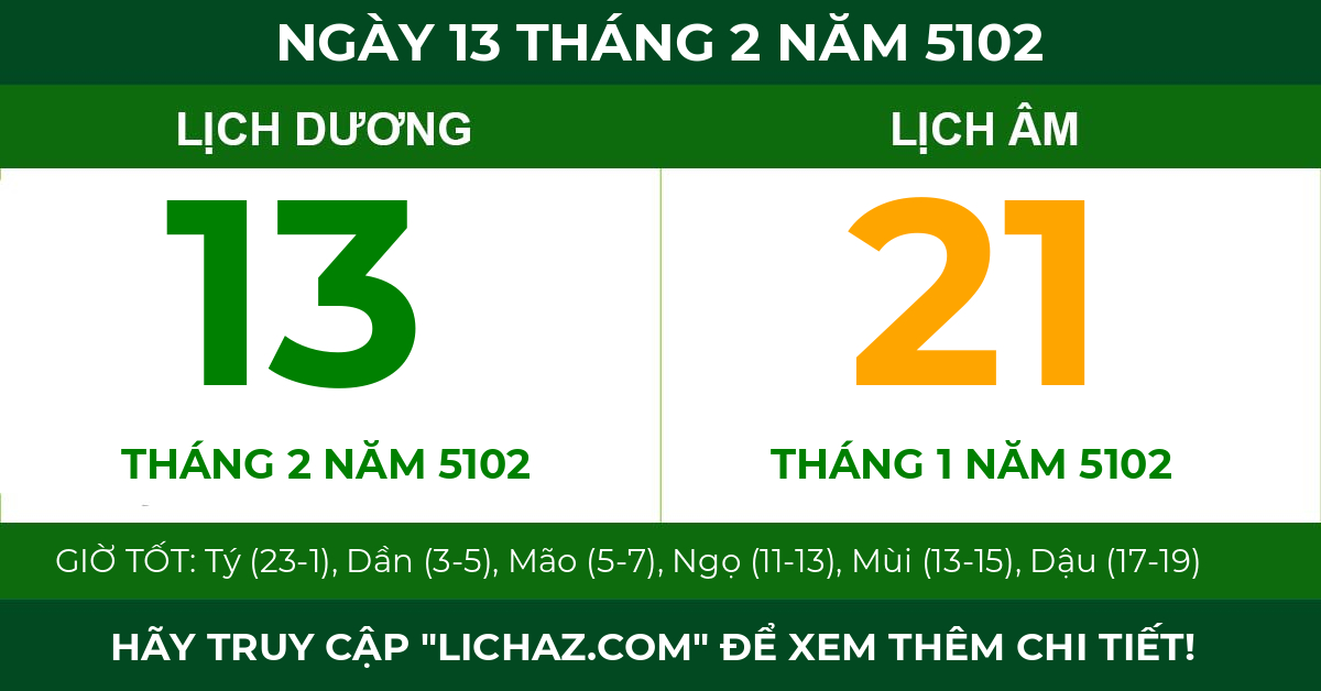 lịch âm ngày 13 tháng 2 năm 5102