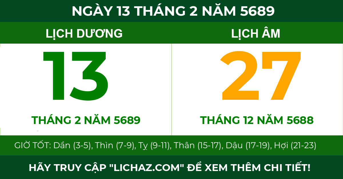 lịch âm ngày 13 tháng 2 năm 5689