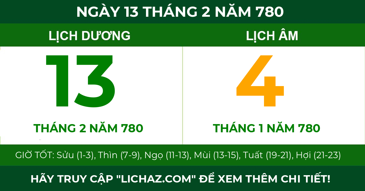 lịch âm ngày 13 tháng 2 năm 780