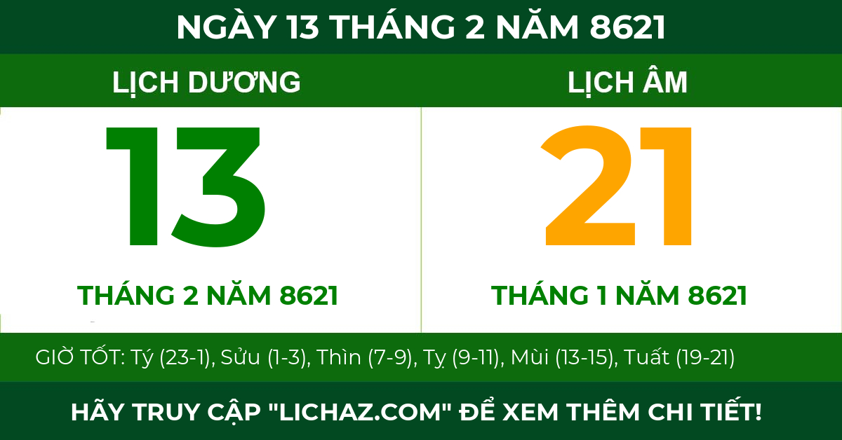 lịch âm ngày 13 tháng 2 năm 8621