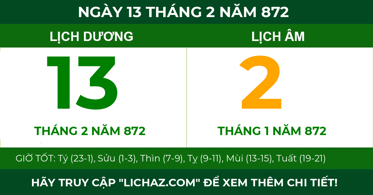 lịch âm ngày 13 tháng 2 năm 872