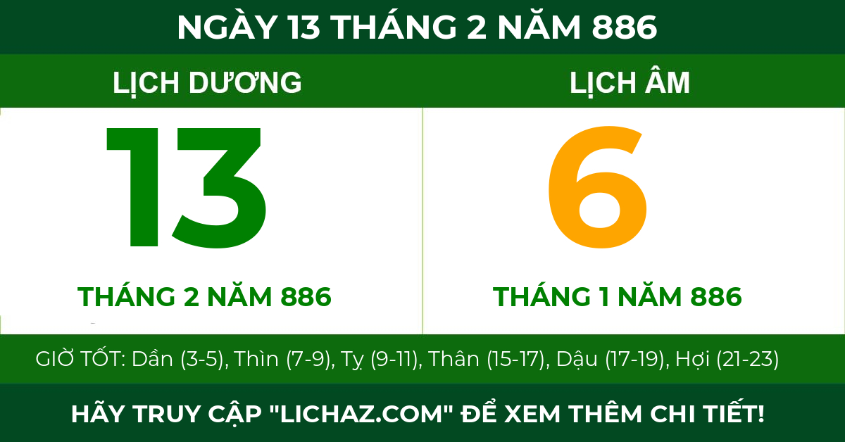 lịch âm ngày 13 tháng 2 năm 886