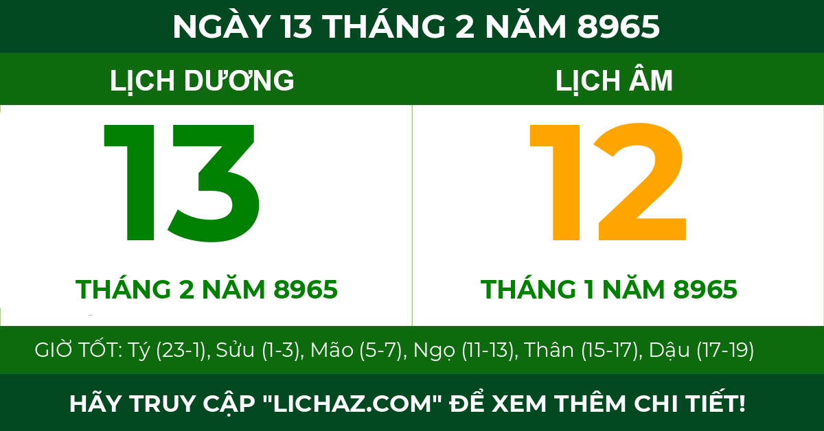 lịch âm ngày 13 tháng 2 năm 8965