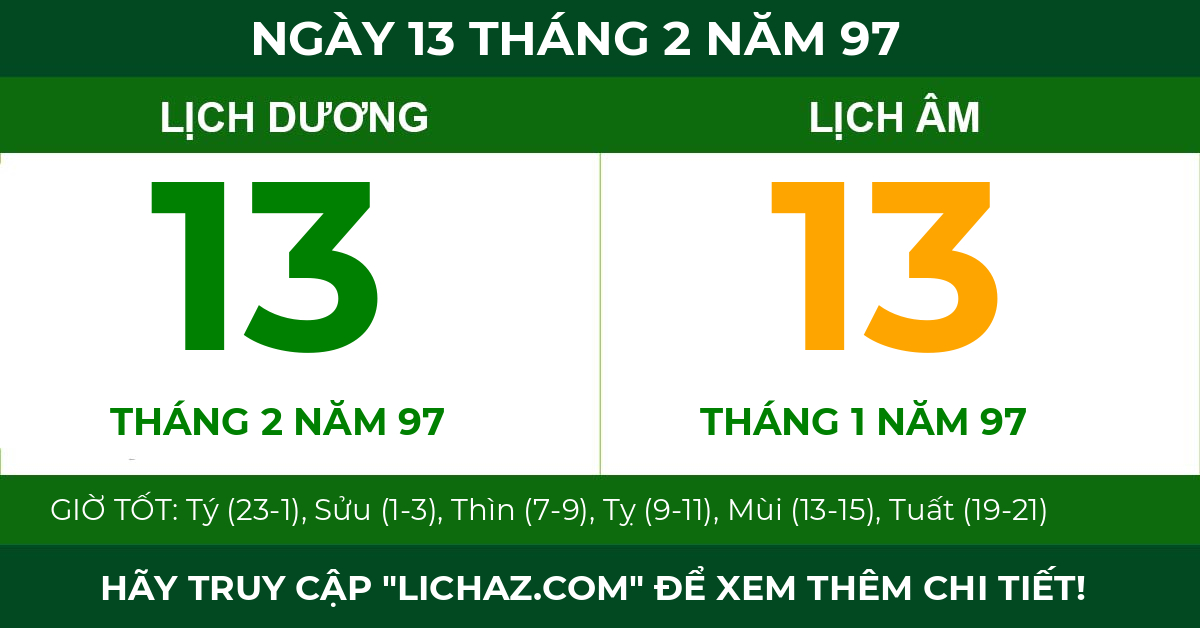 lịch âm ngày 13 tháng 2 năm 97