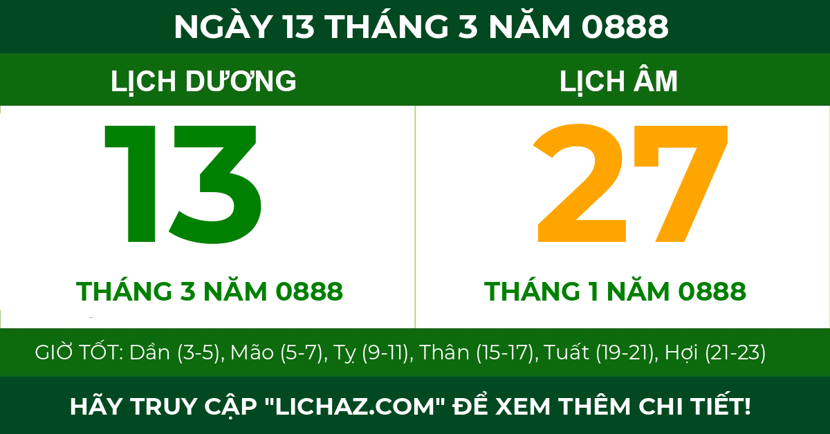 lịch âm ngày 13 tháng 3 năm 0888