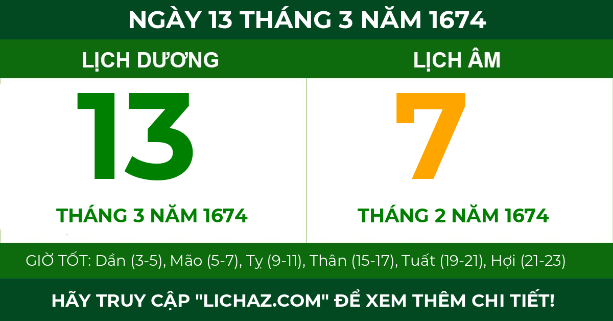 lịch âm ngày 13 tháng 3 năm 1674