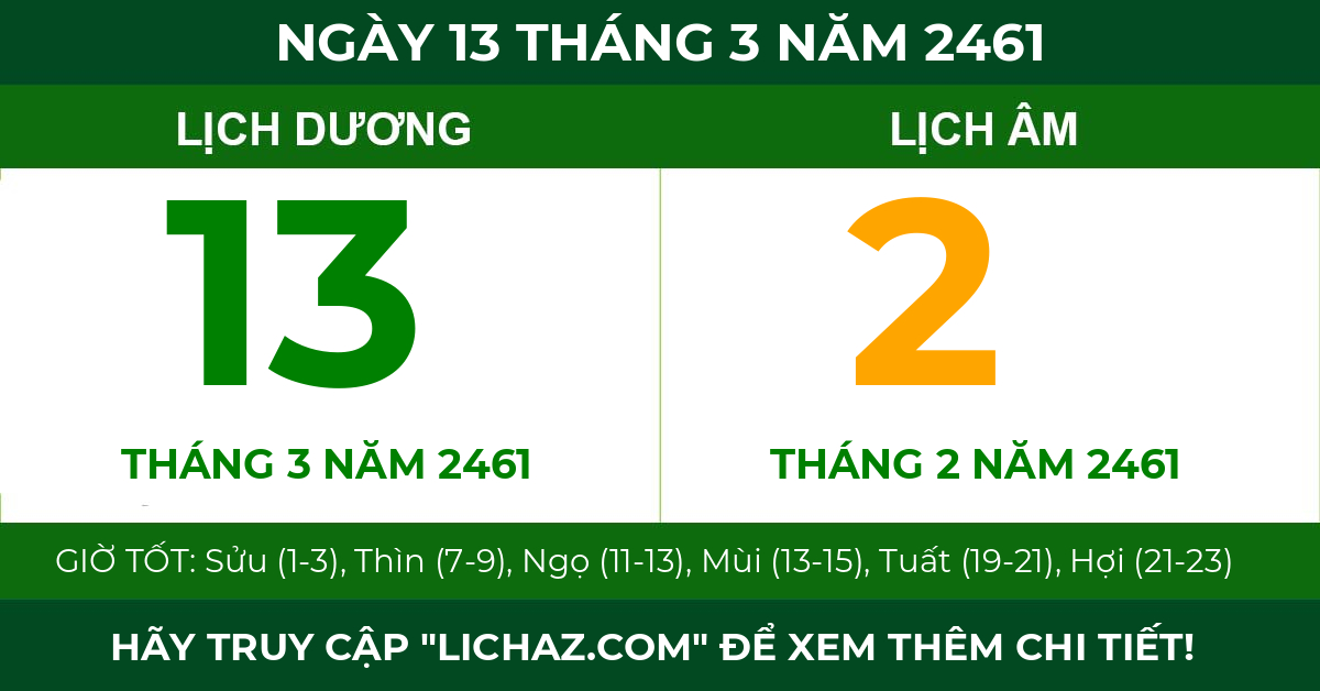 lịch âm ngày 13 tháng 3 năm 2461