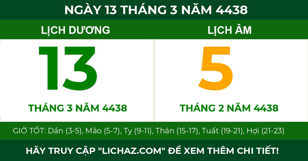 lịch âm ngày 13 tháng 3 năm 4438