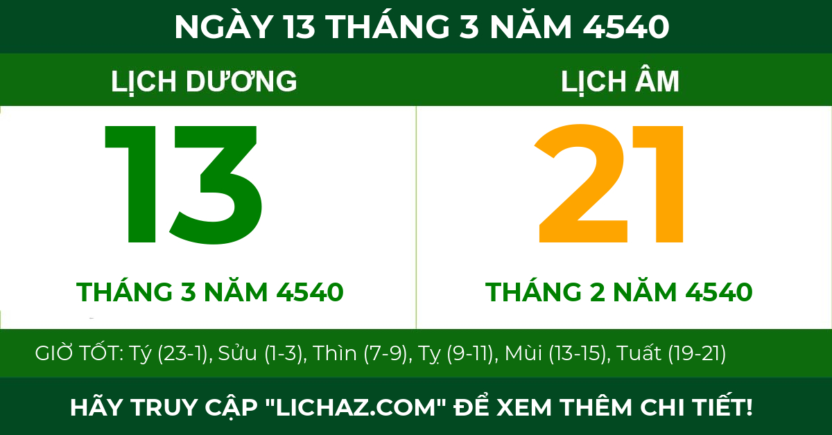 lịch âm ngày 13 tháng 3 năm 4540