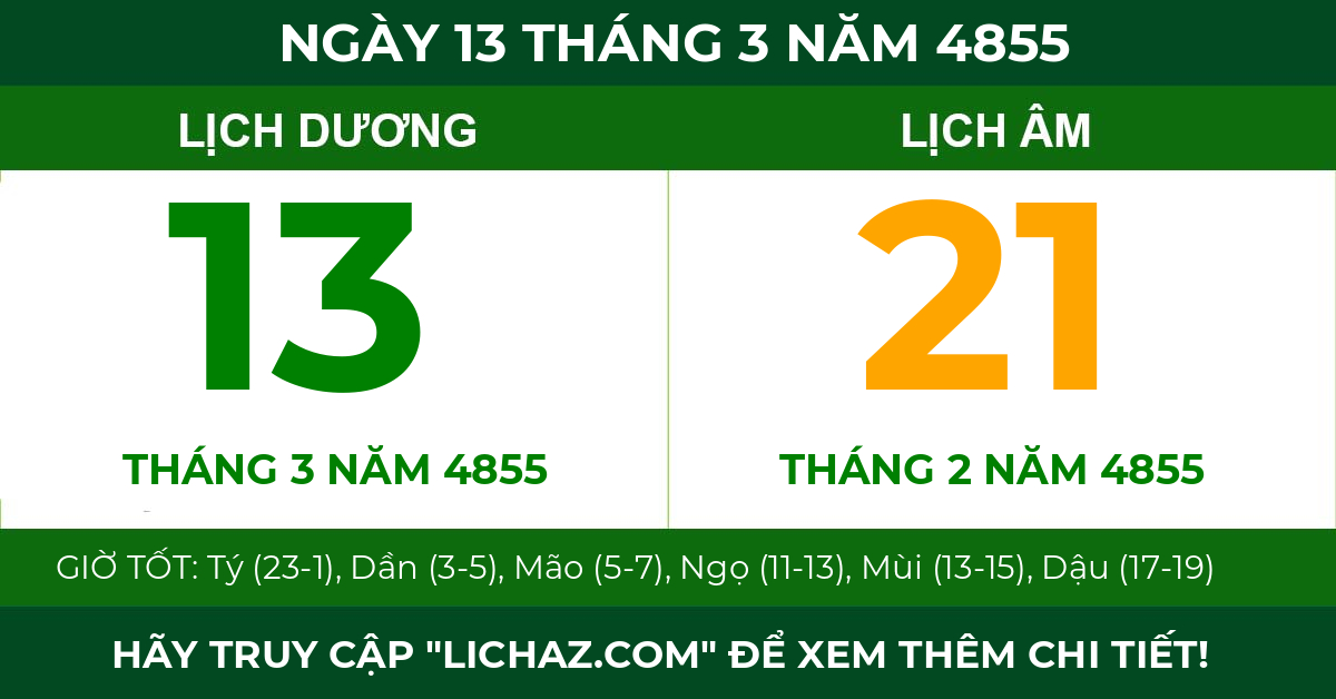 lịch âm ngày 13 tháng 3 năm 4855
