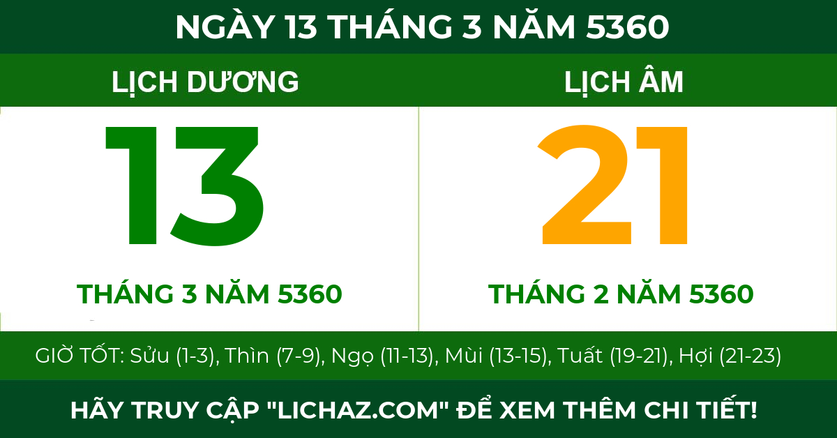 lịch âm ngày 13 tháng 3 năm 5360