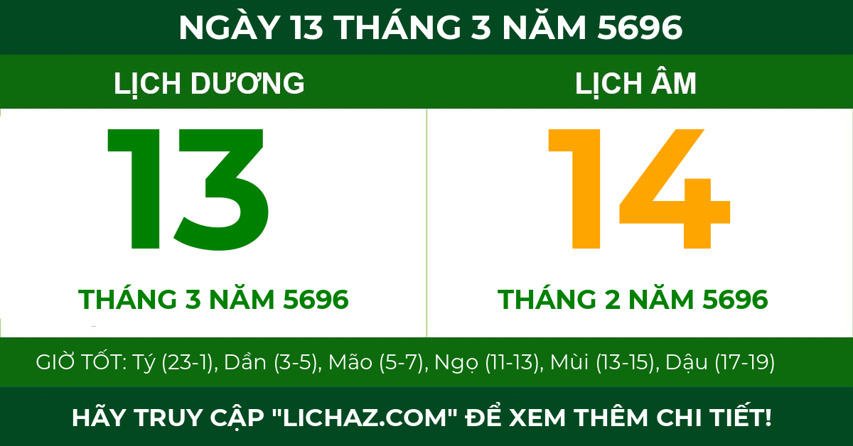 lịch âm ngày 13 tháng 3 năm 5696