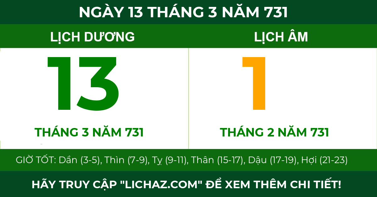 lịch âm ngày 13 tháng 3 năm 731