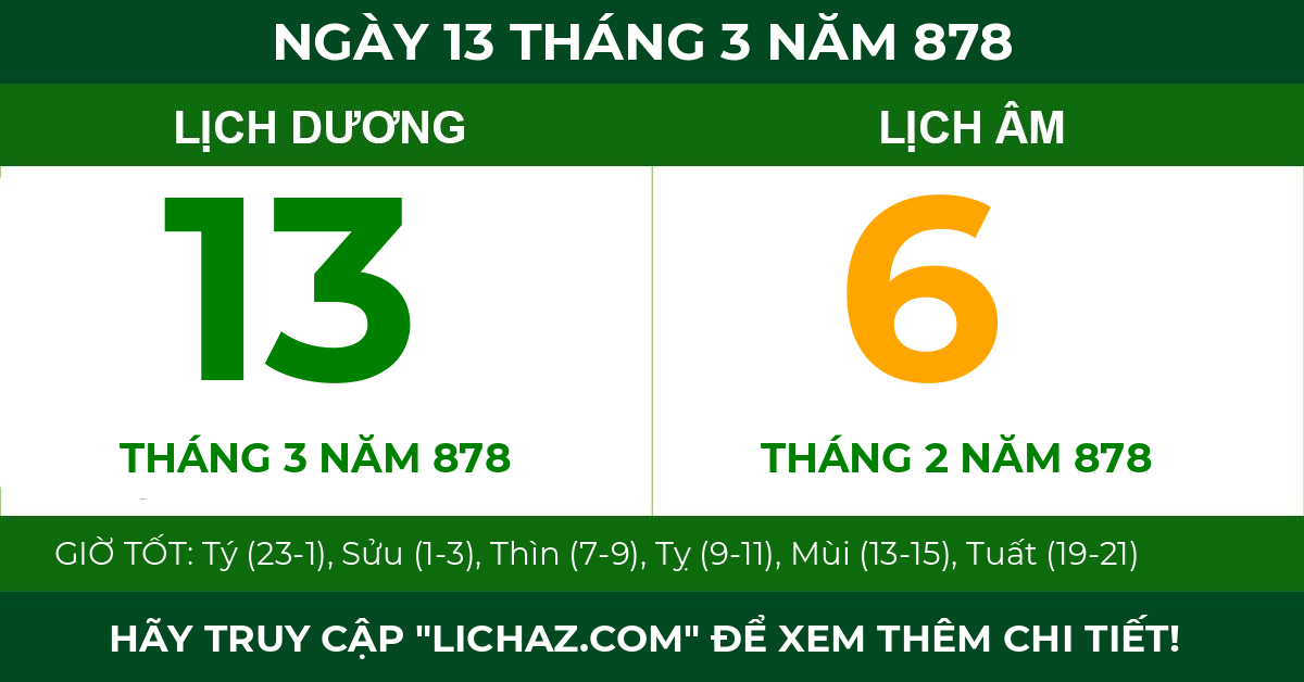 lịch âm ngày 13 tháng 3 năm 878
