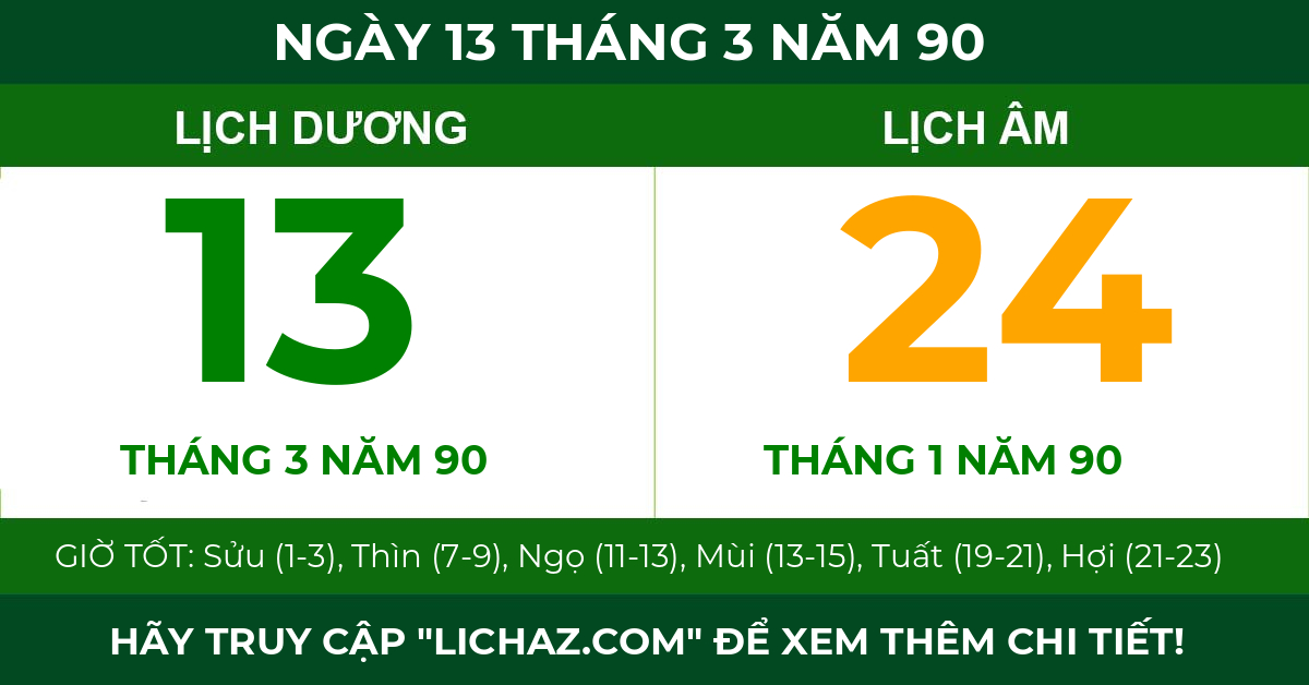 lịch âm ngày 13 tháng 3 năm 90