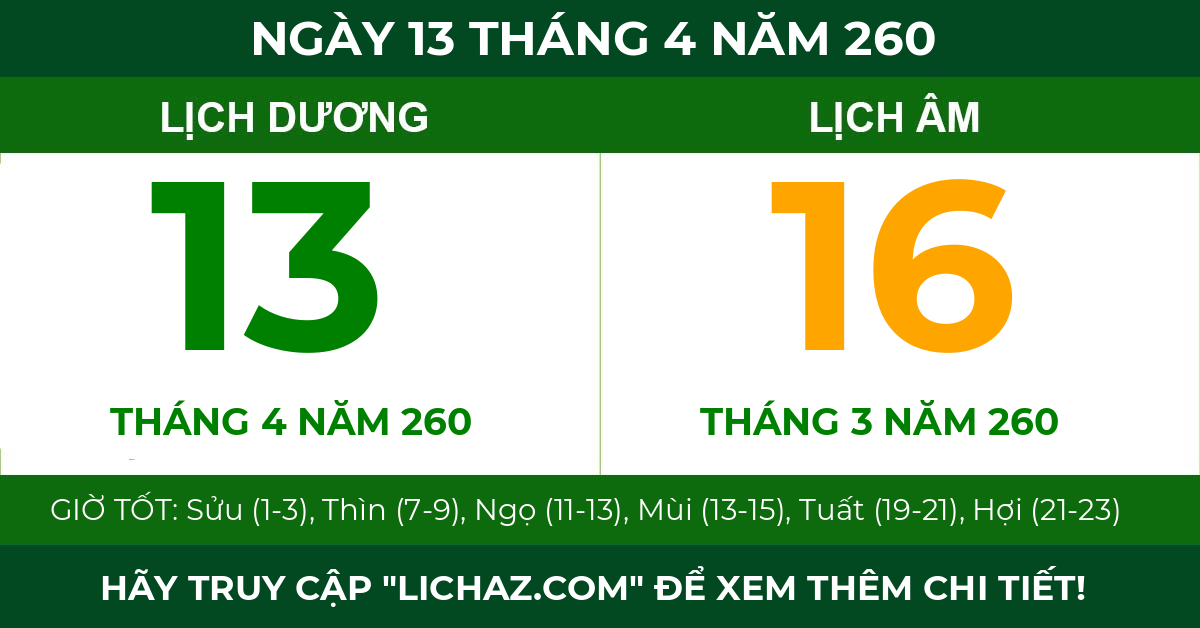 lịch âm ngày 13 tháng 4 năm 260