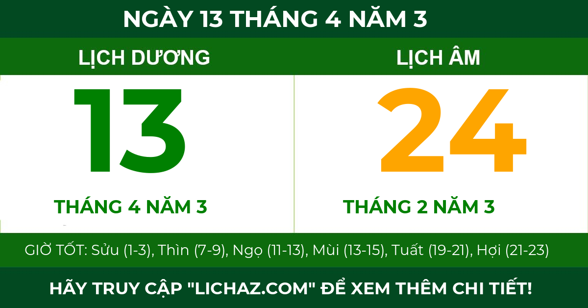 lịch âm ngày 13 tháng 4 năm 3