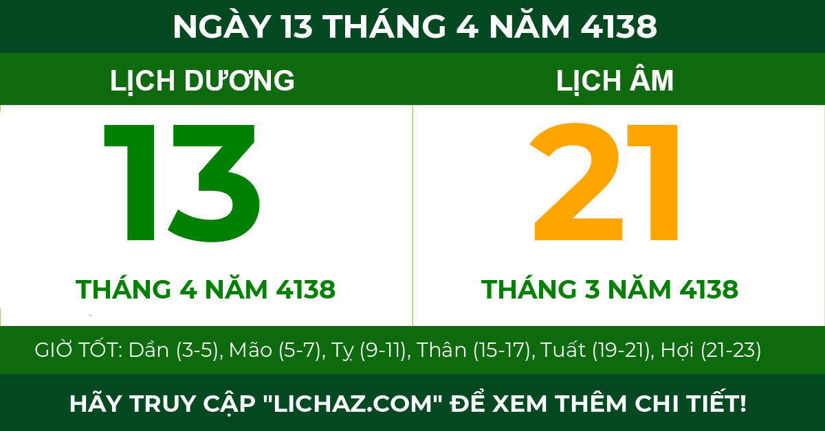 lịch âm ngày 13 tháng 4 năm 4138