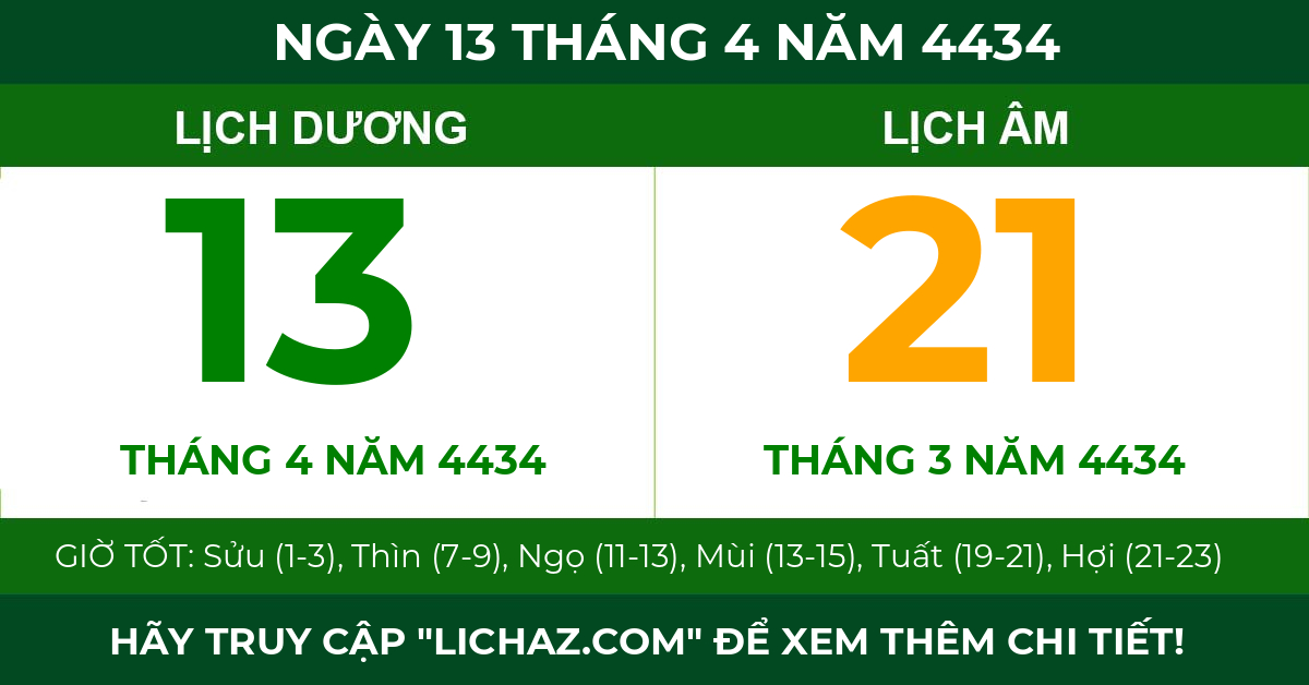 lịch âm ngày 13 tháng 4 năm 4434