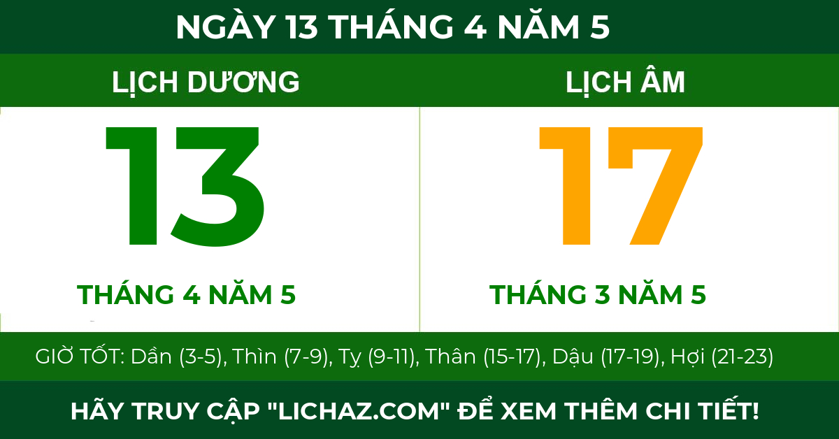 lịch âm ngày 13 tháng 4 năm 5