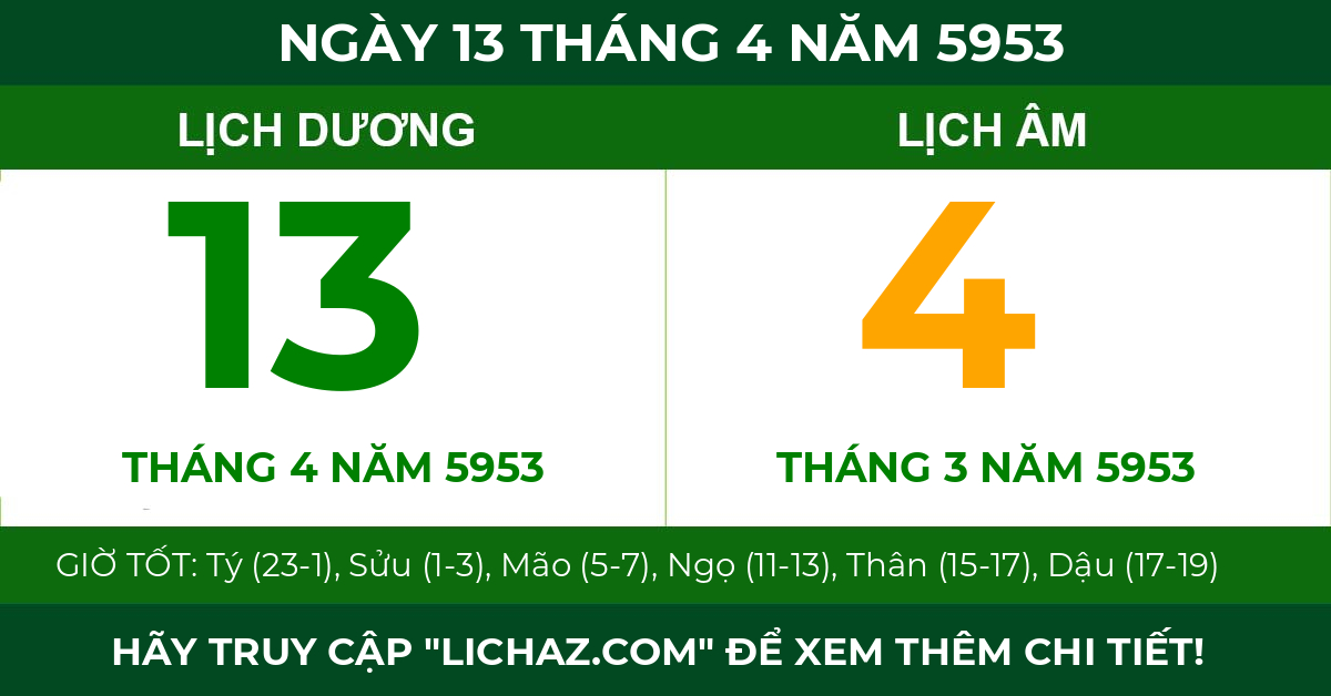 lịch âm ngày 13 tháng 4 năm 5953