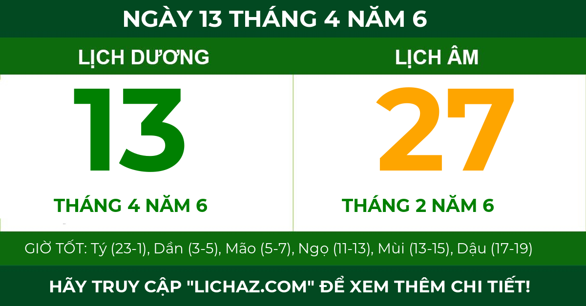 lịch âm ngày 13 tháng 4 năm 6