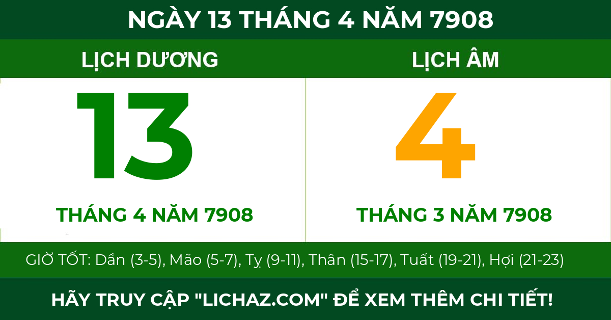 lịch âm ngày 13 tháng 4 năm 7908