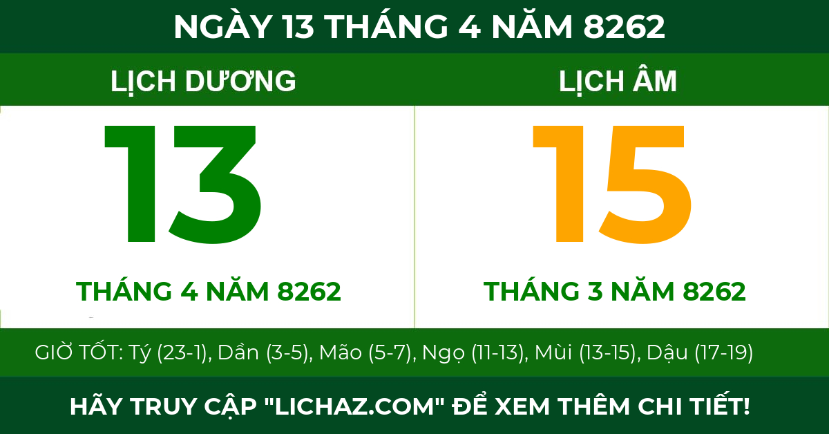 lịch âm ngày 13 tháng 4 năm 8262