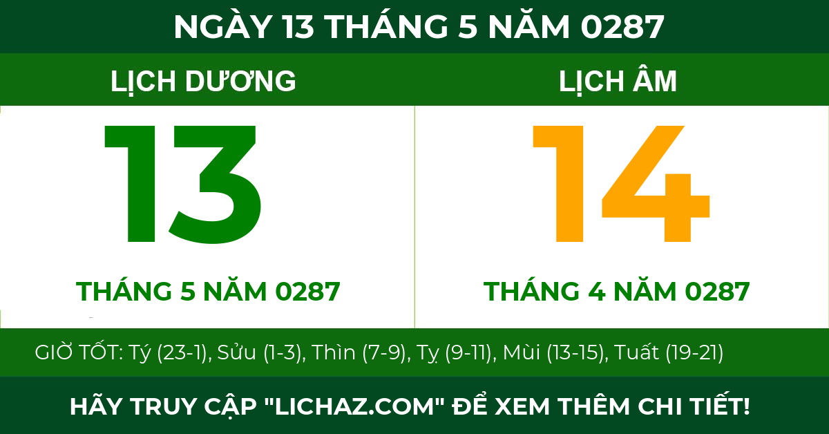 lịch âm ngày 13 tháng 5 năm 0287