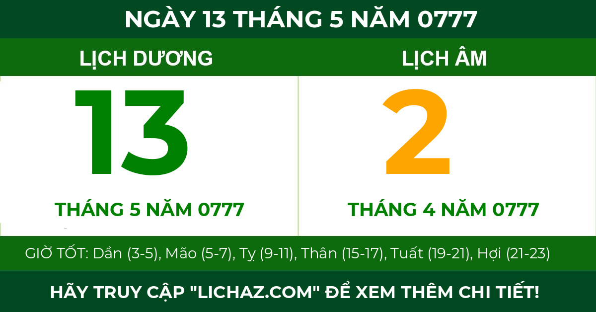lịch âm ngày 13 tháng 5 năm 0777