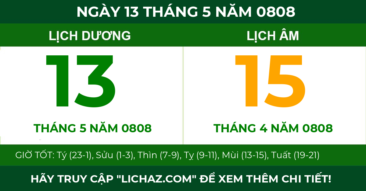 lịch âm ngày 13 tháng 5 năm 0808