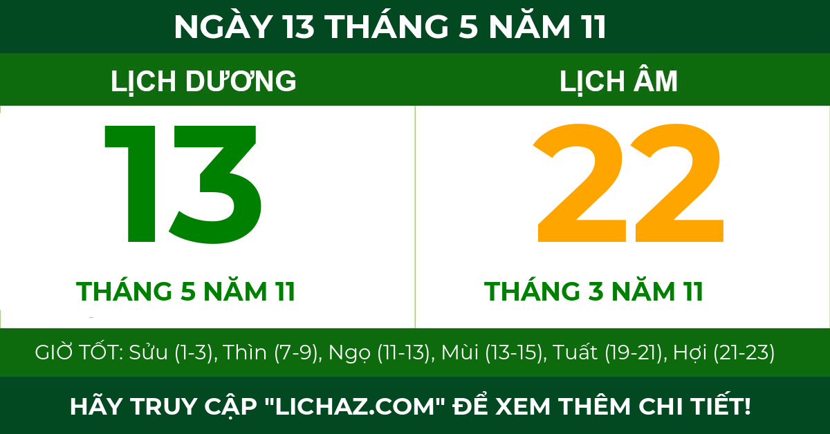 lịch âm ngày 13 tháng 5 năm 11