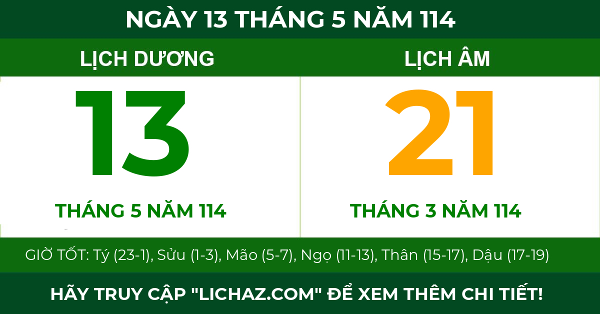 lịch âm ngày 13 tháng 5 năm 114