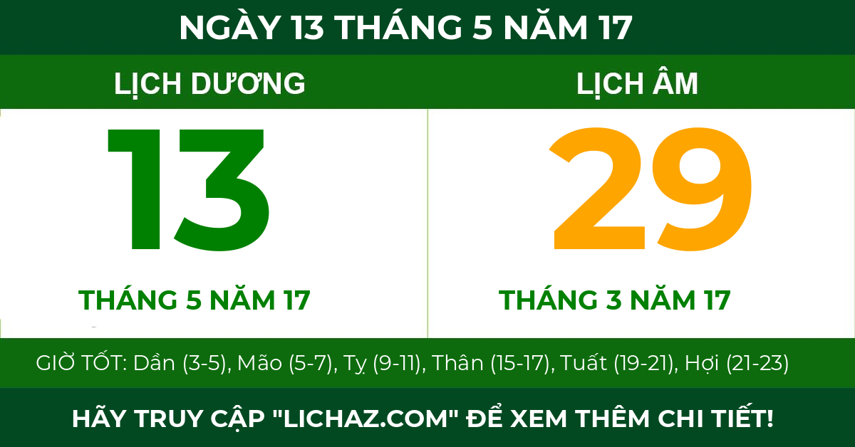 lịch âm ngày 13 tháng 5 năm 17