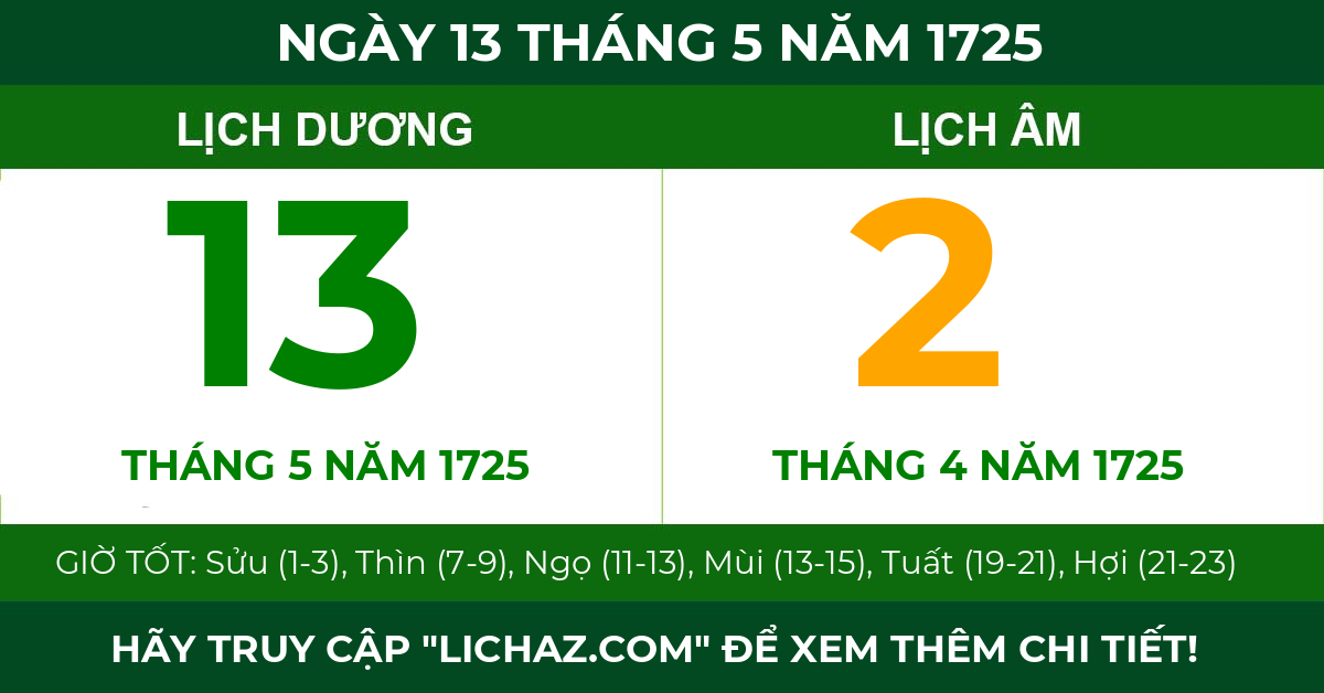 lịch âm ngày 13 tháng 5 năm 1725