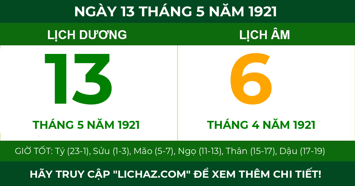 lịch âm ngày 13 tháng 5 năm 1921