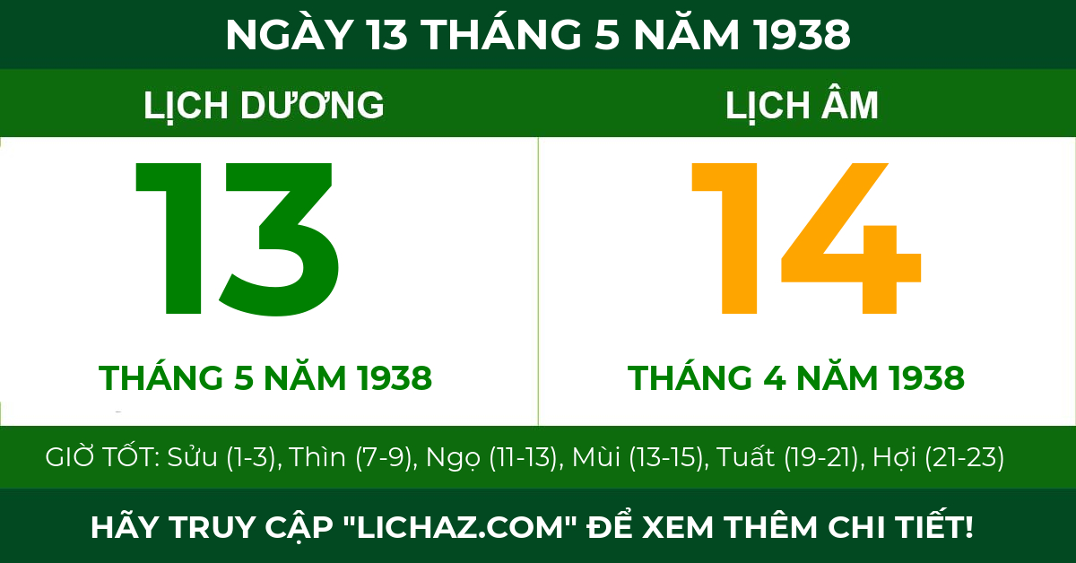 lịch âm ngày 13 tháng 5 năm 1938