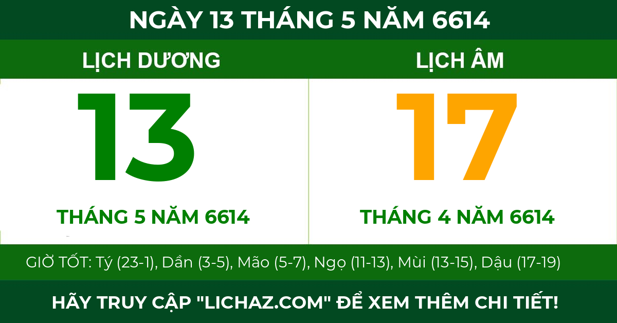 lịch âm ngày 13 tháng 5 năm 6614