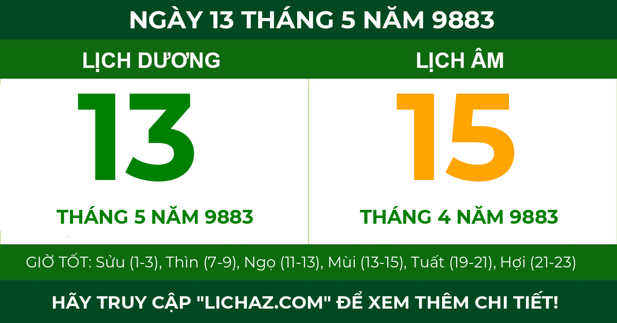 lịch âm ngày 13 tháng 5 năm 9883