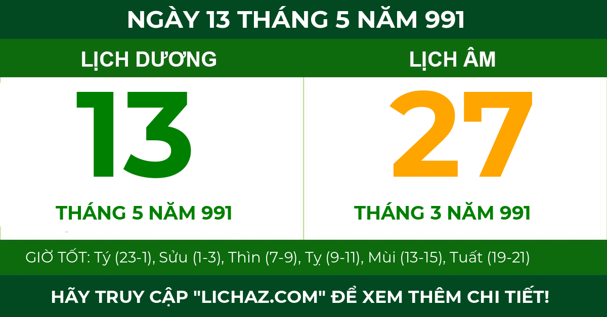 lịch âm ngày 13 tháng 5 năm 991