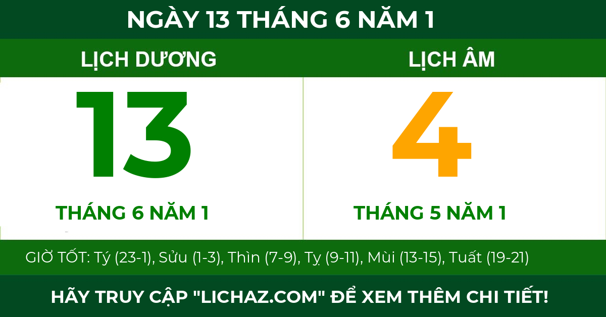 lịch âm ngày 13 tháng 6 năm 1