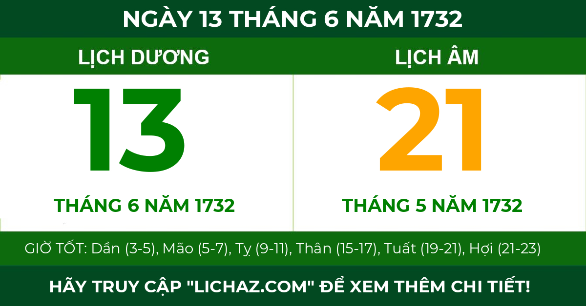 lịch âm ngày 13 tháng 6 năm 1732