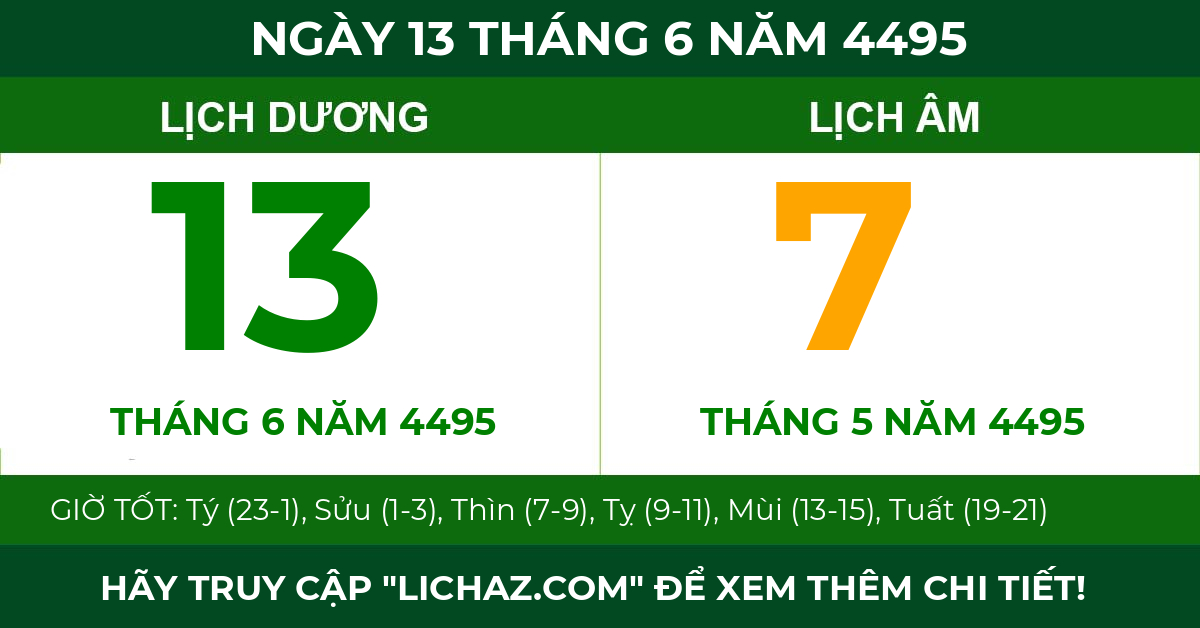 lịch âm ngày 13 tháng 6 năm 4495