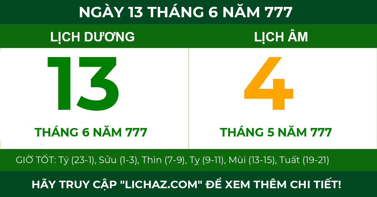 lịch âm ngày 13 tháng 6 năm 777
