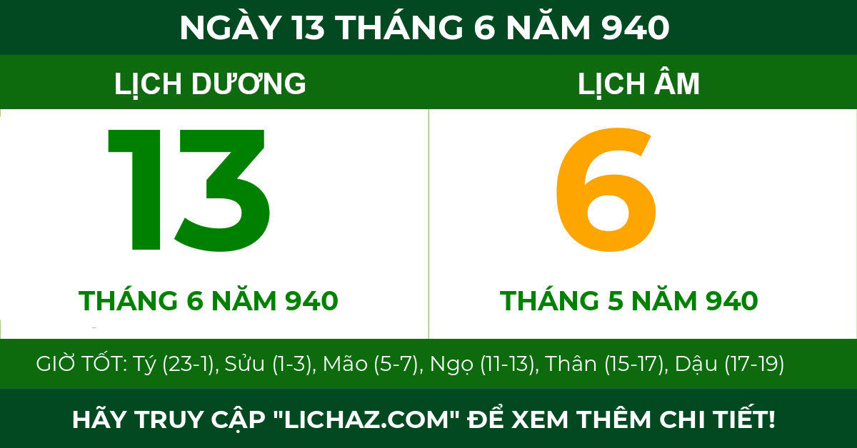 lịch âm ngày 13 tháng 6 năm 940