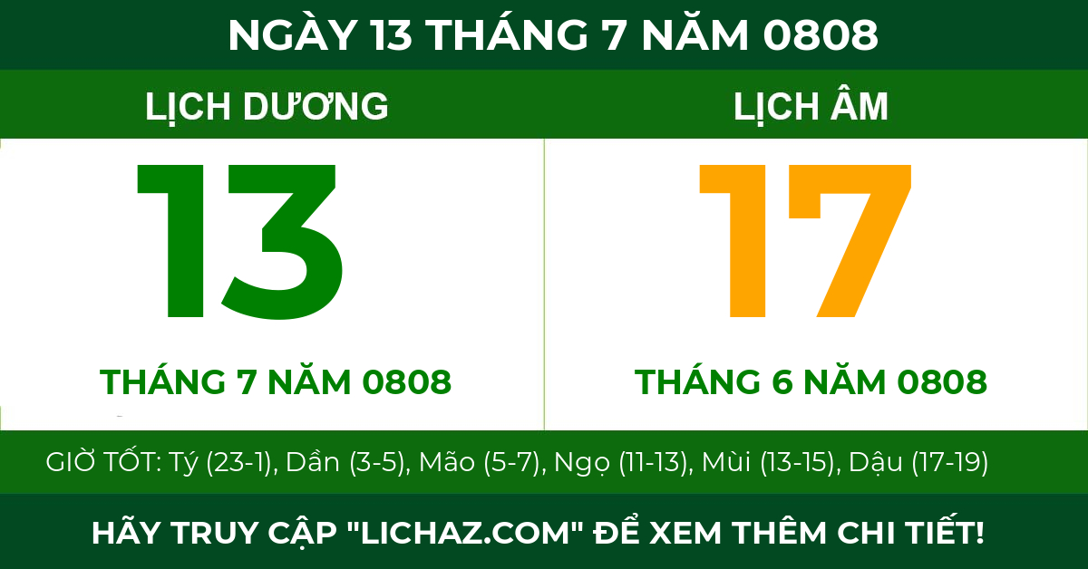 lịch âm ngày 13 tháng 7 năm 0808