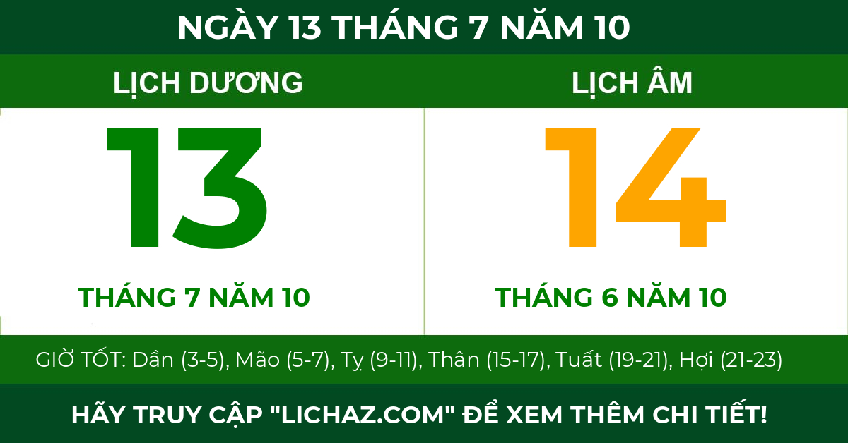 lịch âm ngày 13 tháng 7 năm 10