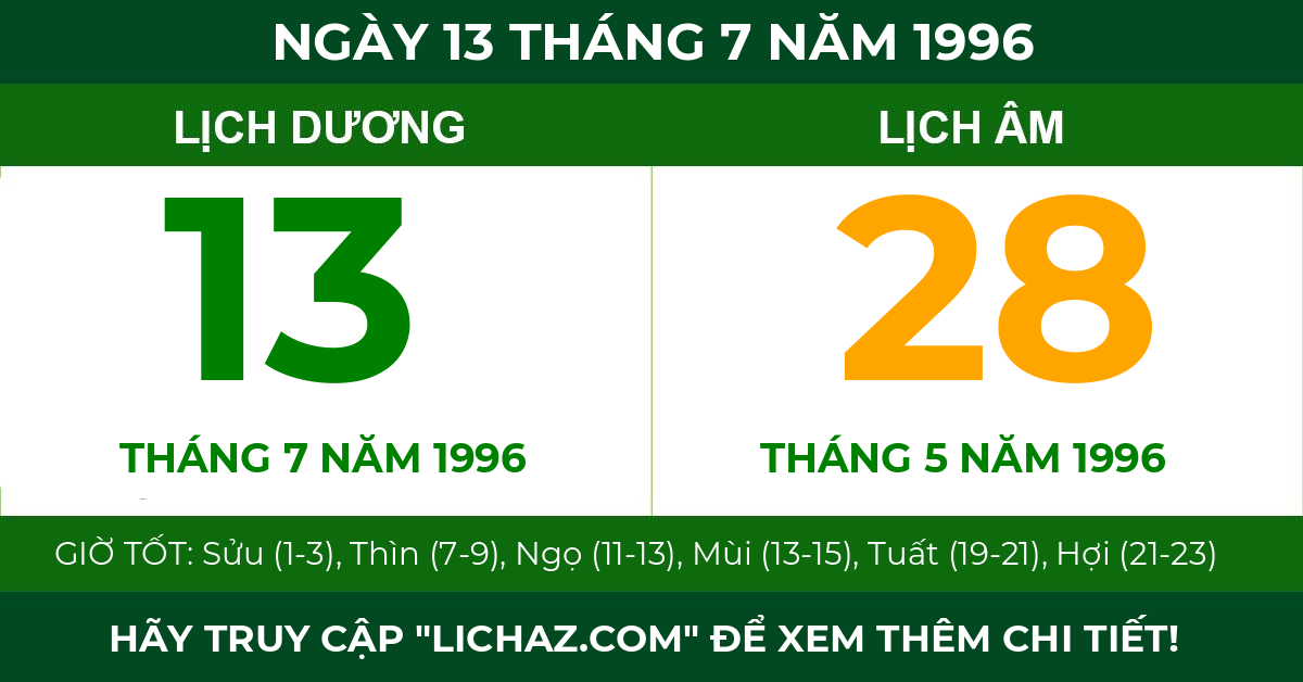 lịch âm ngày 13 tháng 7 năm 1996