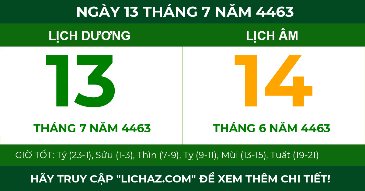 lịch âm ngày 13 tháng 7 năm 4463