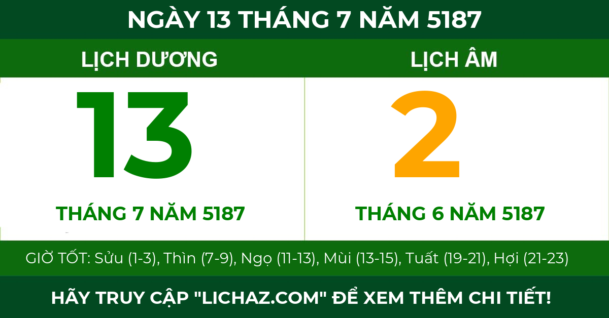 lịch âm ngày 13 tháng 7 năm 5187